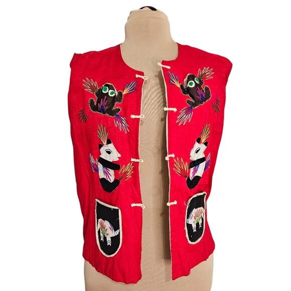 Vintage Jackets & Blazers - Handmade Red Embroidered Animal Vest Pandas, Frogs, Snakes & More Folk Art 3D